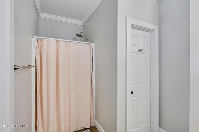 148 Stanton Hall Dr, Florence, MS 39073 - bathroom with ornamental molding and a shower with curtain