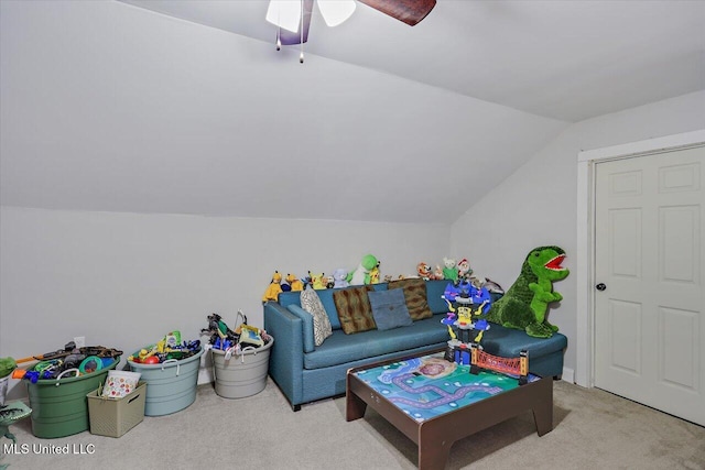 148 Stanton Hall Dr, Florence, MS 39073 - recreation room featuring carpet flooring, lofted ceiling, and ceiling fan