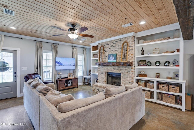 148 Stanton Hall Dr, Florence, MS 39073 - living room featuring wooden ceiling, ornamental molding, a brick fireplace, ceiling fan, and built in shelves