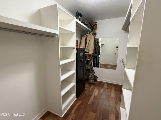 spacious closet with dark wood-style floors