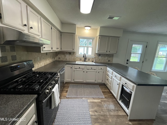 137 Phil Ln, Sardis, MS 38666 - kitchen featuring black range with gas cooktop, under cabinet range hood, a peninsula, stainless steel dishwasher, and a textured ceiling