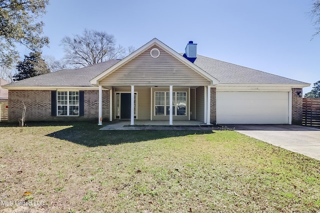 ranch-style house with brick siding, a porch, an attached garage, driveway, and a front lawn