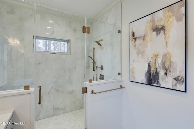 full bathroom with a marble finish shower