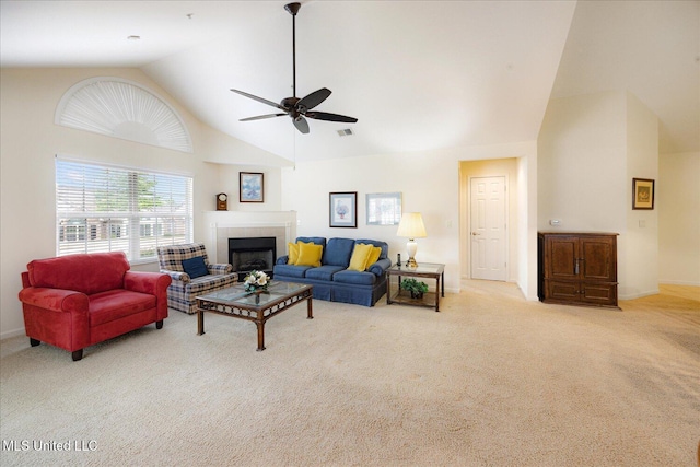 8761 Parkview Oaks Cir, Olive Branch, MS 38654 - carpeted living area featuring a ceiling fan, a tiled fireplace, high vaulted ceiling, and baseboards