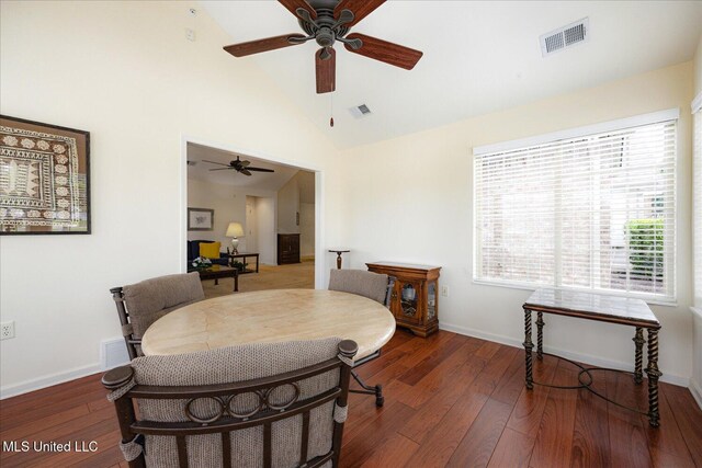 8761 Parkview Oaks Cir, Olive Branch, MS 38654 - dining room with ceiling fan, hardwood / wood-style flooring, high vaulted ceiling, and baseboards