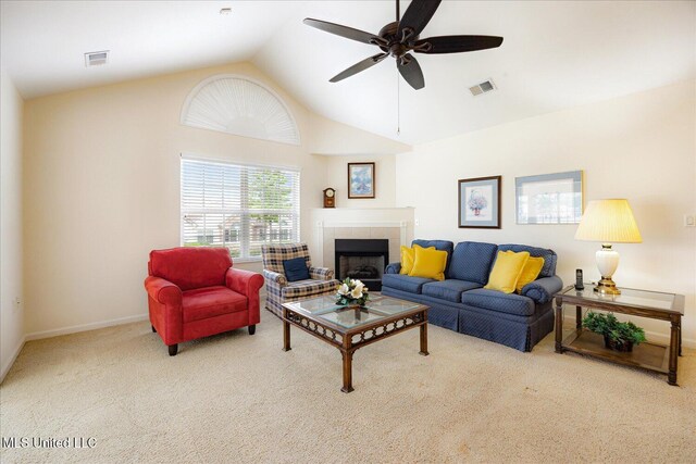 8761 Parkview Oaks Cir, Olive Branch, MS 38654 - carpeted living area with a fireplace, a ceiling fan, baseboards, and high vaulted ceiling