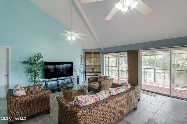 living room with beamed ceiling, high vaulted ceiling, ceiling fan, and light tile patterned flooring