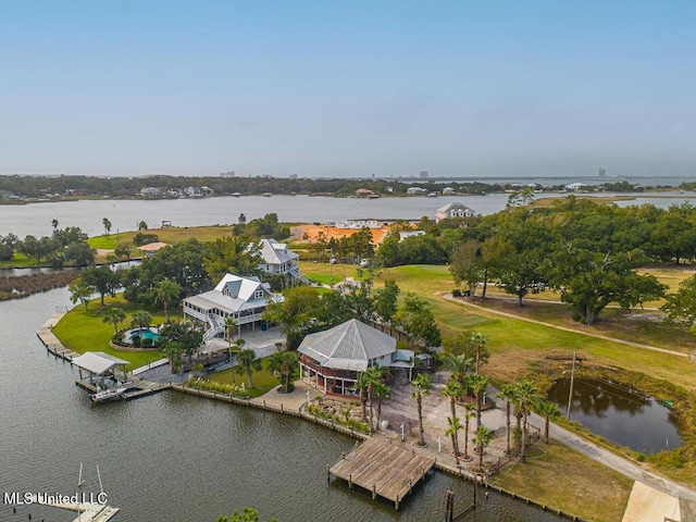 drone / aerial view with a water view