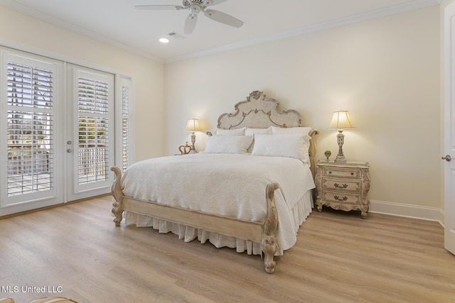 bedroom with access to exterior, visible vents, crown molding, and light wood finished floors