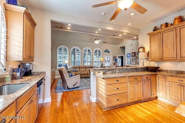 kitchen featuring kitchen peninsula, stainless steel dishwasher, light hardwood / wood-style floors, and sink