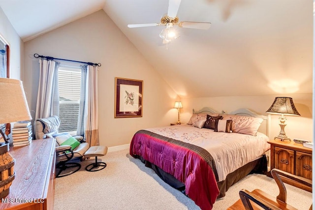 bedroom featuring lofted ceiling, carpet flooring, and ceiling fan