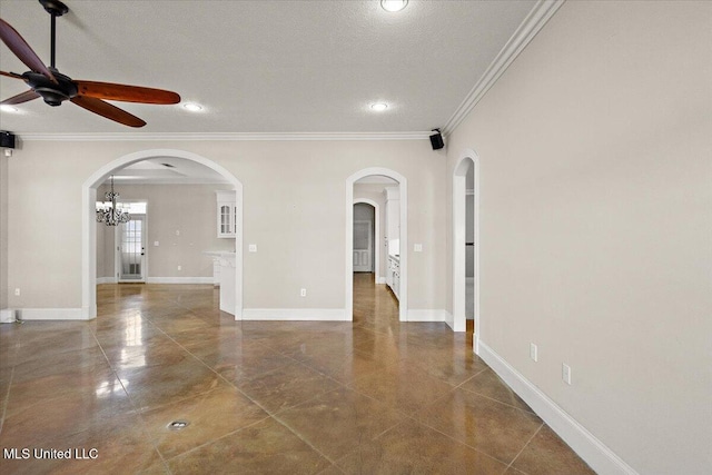 tiled spare room with arched walkways, ornamental molding, a ceiling fan, a textured ceiling, and baseboards