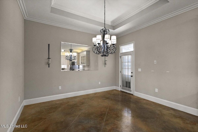 unfurnished dining area with crown molding, baseboards, a raised ceiling, and a notable chandelier