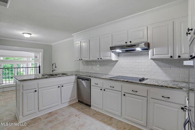 kitchen featuring kitchen peninsula, sink, black electric cooktop, and white cabinets