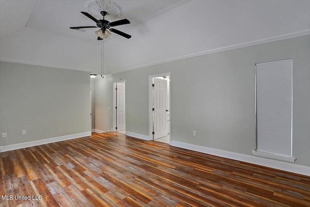 4441 Wedgewood St, Jackson, MS 39211 - spare room with wood finished floors, baseboards, ceiling fan, lofted ceiling, and ornamental molding