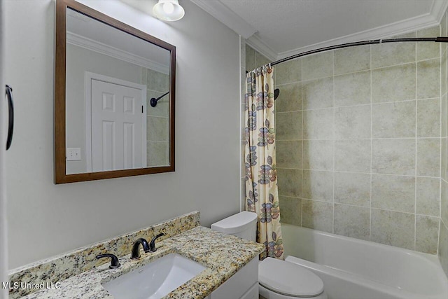 full bathroom featuring a textured ceiling, toilet, shower / bath combo with shower curtain, vanity, and crown molding