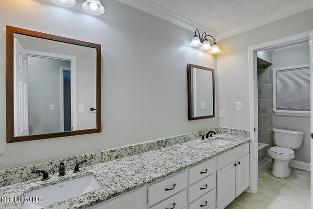 bathroom featuring a textured ceiling, toilet, tile patterned floors, vanity, and crown molding