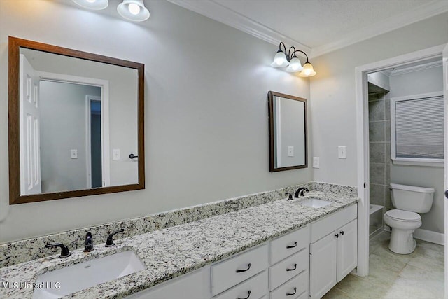4441 Wedgewood St, Jackson, MS 39211 - bathroom featuring toilet, ornamental molding, double vanity, and a sink
