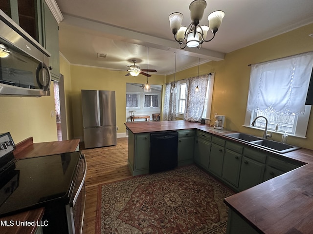 kitchen with appliances with stainless steel finishes, dark hardwood / wood-style floors, wood counters, sink, and kitchen peninsula