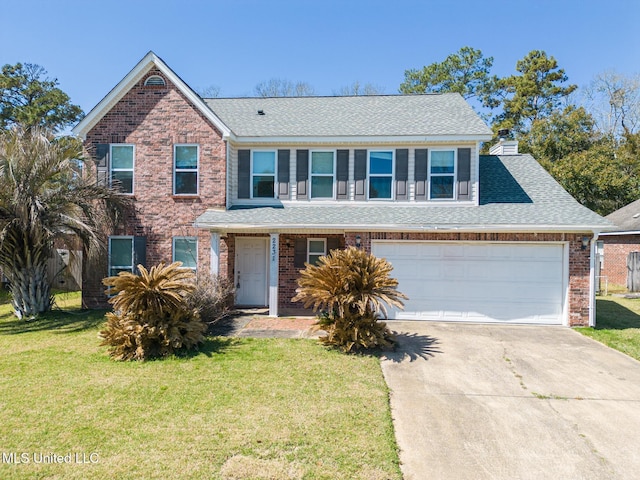 traditional-style home featuring brick siding, concrete driveway, a front lawn, and roof with shingles