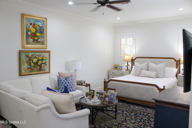 bedroom featuring crown molding, recessed lighting, visible vents, a ceiling fan, and baseboards