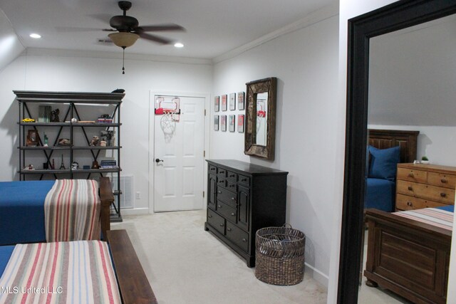 bedroom featuring light carpet, ornamental molding, baseboards, and recessed lighting