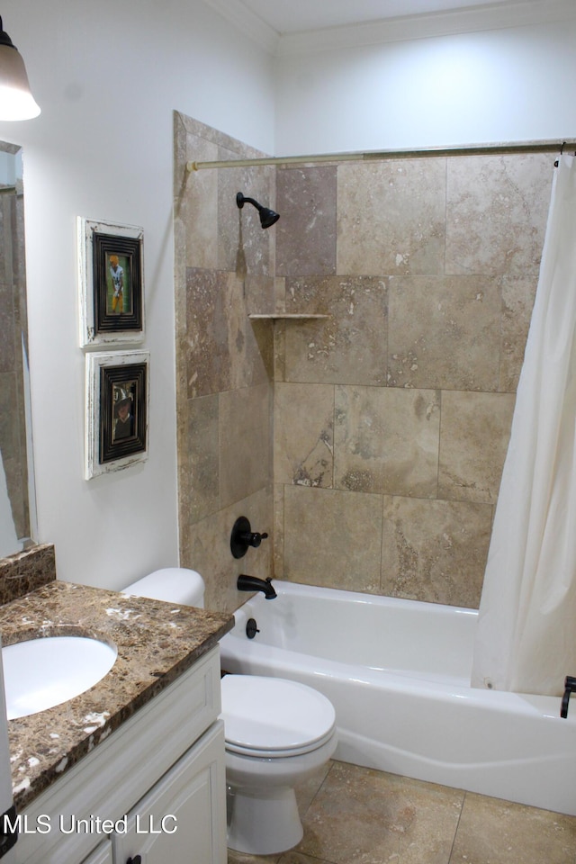 full bathroom featuring shower / bath combination with curtain, vanity, and toilet