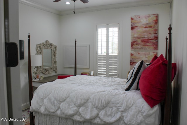 bedroom with a ceiling fan and crown molding