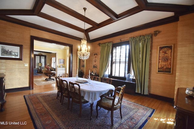 dining space with wallpapered walls, baseboards, coffered ceiling, wood finished floors, and a notable chandelier