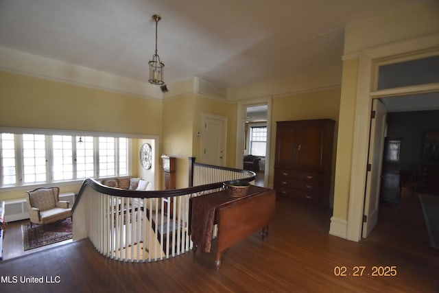 corridor featuring wood finished floors and an upstairs landing