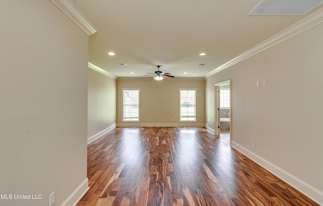 104 Faith Way, Brandon, MS 39042 - empty room with baseboards, crown molding, dark wood-style floors, a ceiling fan, and recessed lighting