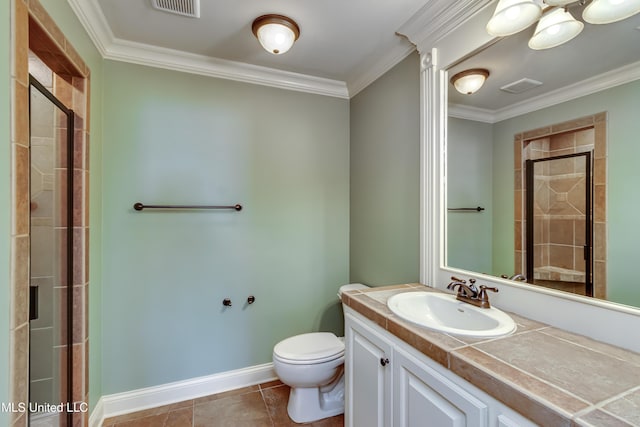 104 Faith Way, Brandon, MS 39042 - full bath featuring a tile shower, toilet, crown molding, vanity, and tile patterned flooring