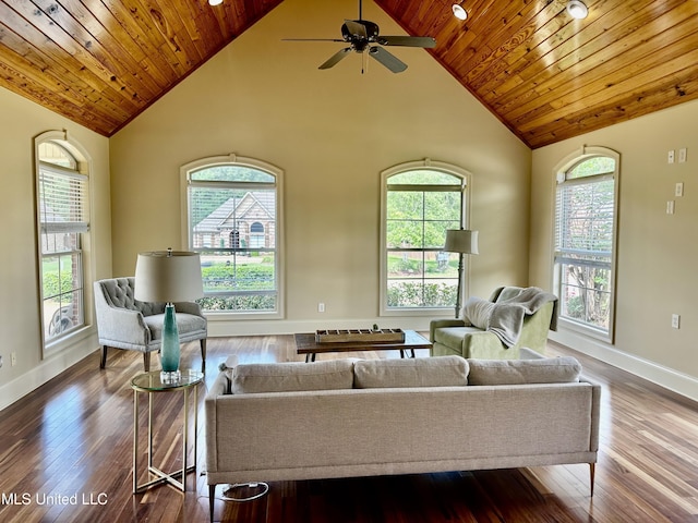 104 Faith Way, Brandon, MS 39042 - living area featuring high vaulted ceiling, baseboards, wooden ceiling, dark wood-type flooring, and a ceiling fan