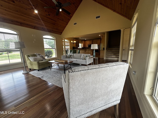 104 Faith Way, Brandon, MS 39042 - living room featuring high vaulted ceiling, wooden ceiling, dark wood-type flooring, a ceiling fan, and stairway