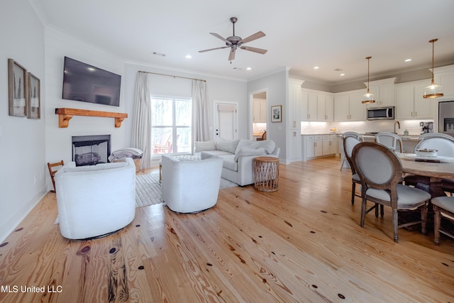 living room featuring crown molding, a large fireplace, and light wood-type flooring