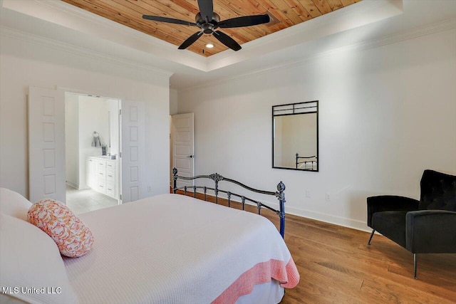 bedroom featuring ceiling fan, a raised ceiling, light hardwood / wood-style flooring, wood ceiling, and ornamental molding