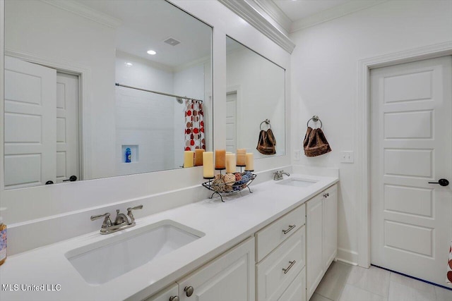 bathroom featuring vanity, curtained shower, and crown molding