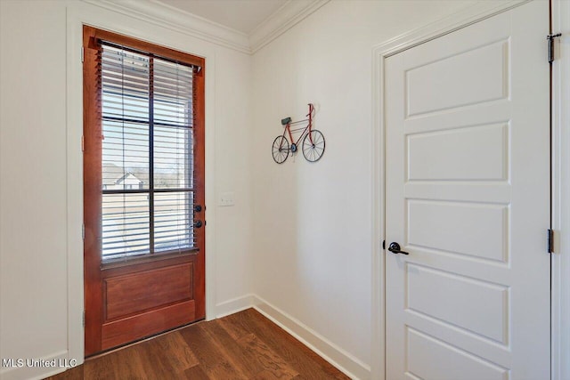 doorway featuring dark hardwood / wood-style flooring and crown molding