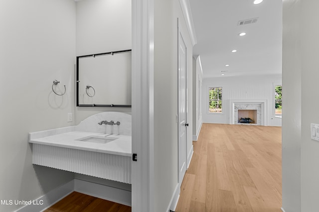 hallway with wood-type flooring and sink