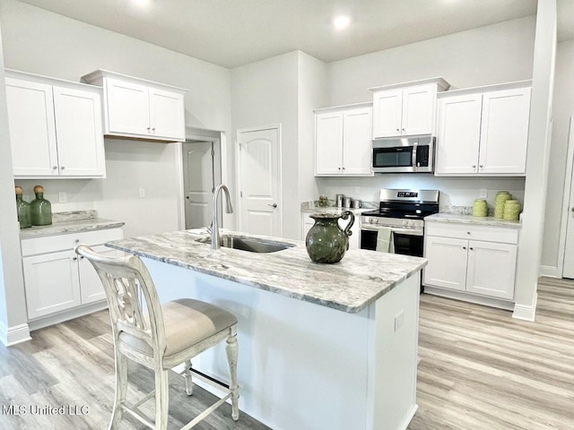 15681 Perdido Dr, Gulfport, MS 39503 - kitchen featuring appliances with stainless steel finishes, a sink, white cabinetry, light wood finished floors, and recessed lighting