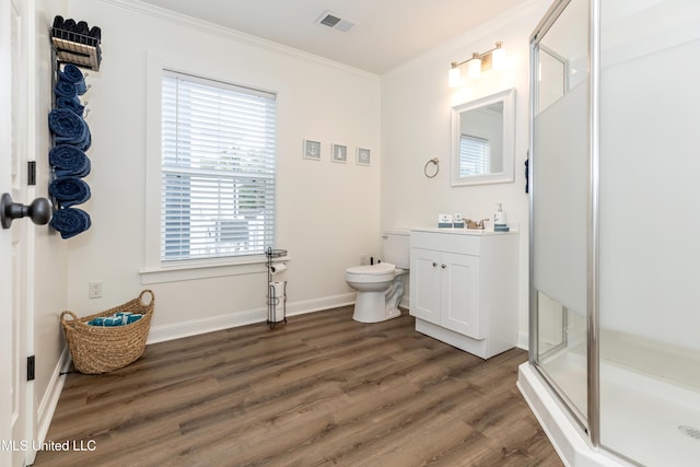 full bath featuring wood finished floors, a stall shower, crown molding, visible vents, and vanity