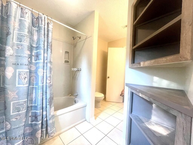 bathroom featuring toilet, shower / tub combo with curtain, a textured ceiling, and tile patterned flooring