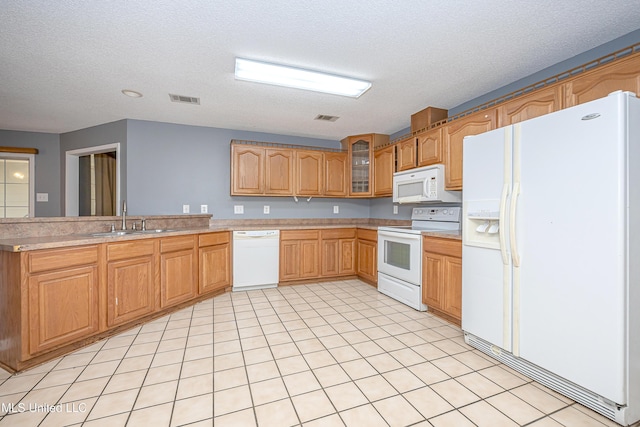 8113 Barron Rd, Moss Point, MS 39562 - kitchen with white appliances, a sink, light countertops, a textured ceiling, and glass insert cabinets