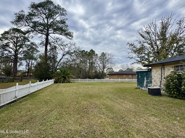 view of yard with a fenced backyard and central air condition unit