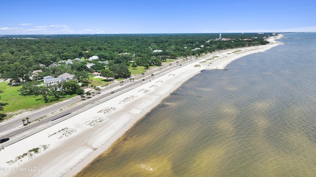 bird's eye view featuring a water view and a view of the beach