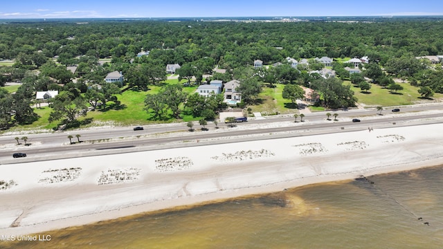 drone / aerial view with a water view and a beach view