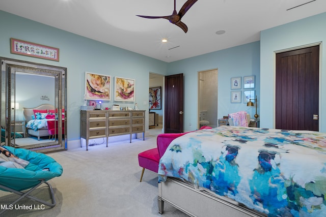 carpeted bedroom featuring ceiling fan