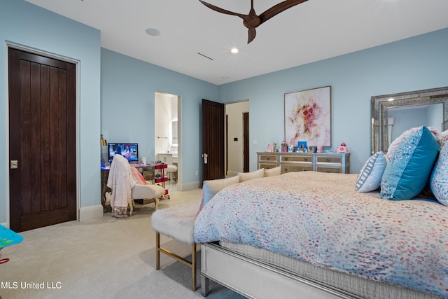 bedroom with light carpet and ceiling fan