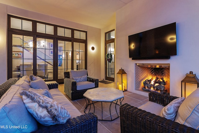 tiled living room with exterior fireplace