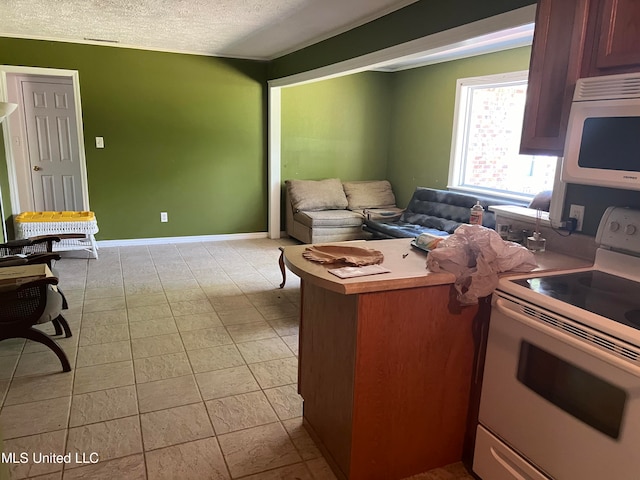 kitchen with white appliances and a textured ceiling